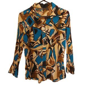 Vintage Sere Nade Plisse Long Sleeved Abstract Print Blouse Size Small